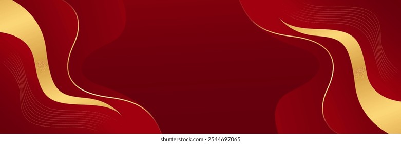 Abstrakter roter Luxus-Banner-Hintergrund mit goldenen Linien. Elegante Welle moderne Tapete. Geeignet für Vorlagen, Banner, Verkäufe, Anzeigen, Veranstaltungen, Auszeichnungen, Webseiten und Kopfzeilen