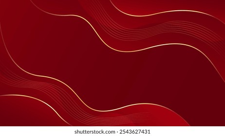 Abstrakter roter Luxuswellenhintergrund mit goldenen Linien. Elegante moderne Tapeten. Geeignet für Vorlagen, Banner, Karten, Verkäufe, Anzeigen, Veranstaltungen, Auszeichnungen, Webseiten und Seiten