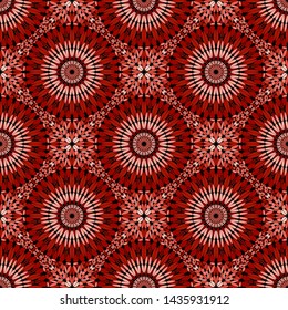 Abstract red mandala mosaic pattern background - seamless oriental elegant bohemian floral vector art