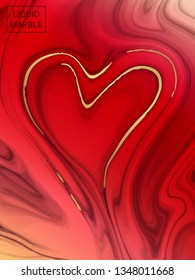 Abstract red marble background with golden streaks in the shape of a heart. Happy valentines day greeting card design.