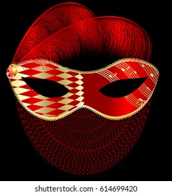 abstract red mask with feathers and veil