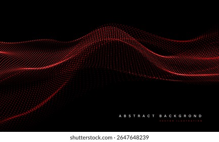 Abstract red mesh particles wave curve overlap technology network digital on black background vector illustration.