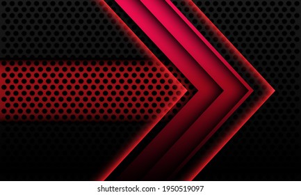 Resumen de la dirección geométrica de la sombra de flecha metálica roja sobre la malla de círculo negro con el diseño de espacio en blanco de la bandera tecnología futurista moderna ilustración vectorial de fondo.