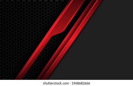 Abstract red metallic line cyber slash on dark grey hexagon mesh with blank space design modern futuristic background vector illustration.