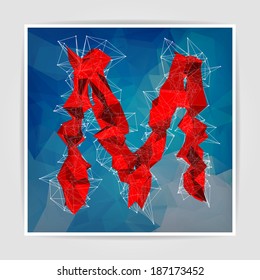 abstract red modern triangular emblem of M on a blue geometric background