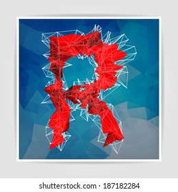 abstract red modern triangular emblem of R on a blue geometric background