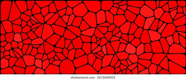 Abstract red mosaic pattern with irregular black lines forming unique geometric shapes.