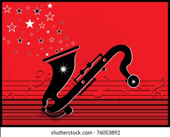 abstract red musical notes, stars background with black isolated saxophone