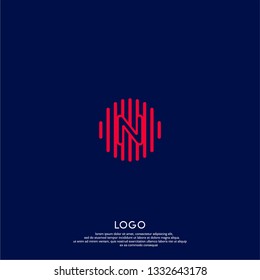 abstract red N logo letter in circle lines shape with dark blue background design concept