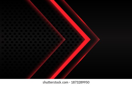Resumen de la dirección de la flecha de neón rojo sobre el diseño de la malla de círculo metálico negro diseño de la ilustración moderna del vector de fondo futurista.