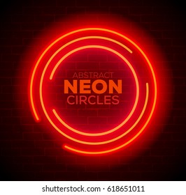 Abstract Red Neon Circles Banner on Brick Wall. Vector illustration.