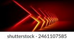 Abstract red neon light arrow speed background. Futuristic glow tech gamer graphic for banner. Fast move cyber casino design with yellow led beam. 3d triangle perspective dynamic digital party bg.