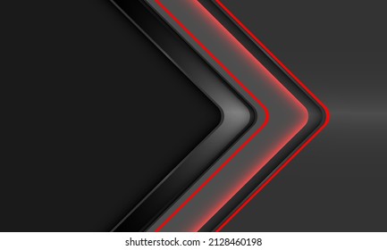 Resumen de la dirección geométrica de la flecha de luz de neón rojo sobre el diseño del espacio en blanco metálico gris, ilustración moderna del vector de fondo futurista.