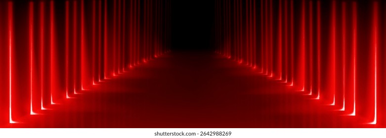 Corredor de túnel de néon vermelho abstrato com faixas de luz brilhante em perspectiva - caminho luminoso que leva à escuridão para o projeto cyberpunk, game bg ou apresentação de tecnologia com efeito de iluminação.