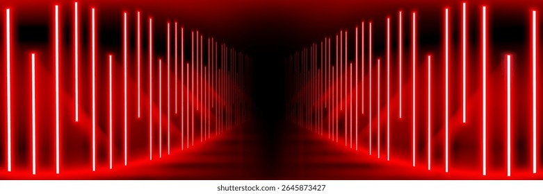 Corredor de túnel de néon vermelho abstrato com faixas de luz brilhante em perspectiva - caminho luminoso que leva à escuridão para o projeto cyberpunk, game bg ou apresentação de tecnologia com efeito de iluminação.