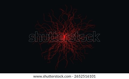 Abstract Red Neural Network Lines Radiating From Center On Black Background. Futuristic Tech And Brain-Inspired Concept Design for Science, Medicine, AI Tech, Machine Learning. Vector Illustration