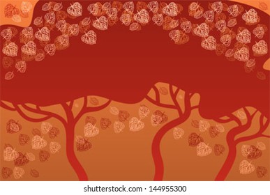 Abstract red and orange background. The dark trees against a bright background. Leaves flying around the trees