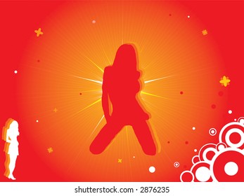 Un fondo rojo y naranja abstracto con una mujer caliente roja arrodillada en medio de la imagen