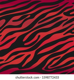 Abstract red orange black Zebra skin color in vector. Textured seamless background. Colorful bright animal skin fur striped texture. Printing for textiles, Wallpaper, packaging