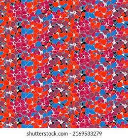 Abstract red orange blue flowers on black. Summer seamless pattern with hand drawing colorful flowers. Lovely bright flowers for design printing, wrapping, wallpaper, textiles. Vector illustration