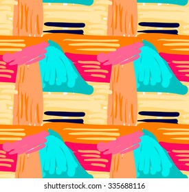 Abstract red orange and blue with stripes.Hand drawn with paint brush seamless background.Modern hipster style design.