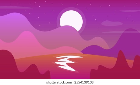 Abstract Red Orange Dark Landscape Background Banner Mountains Full Moon Lake Stars  Night Sky Vector Design