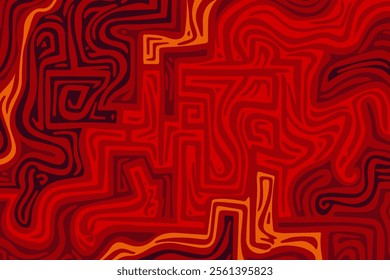 Abstract red and orange design with swirling patterns and intricate lines