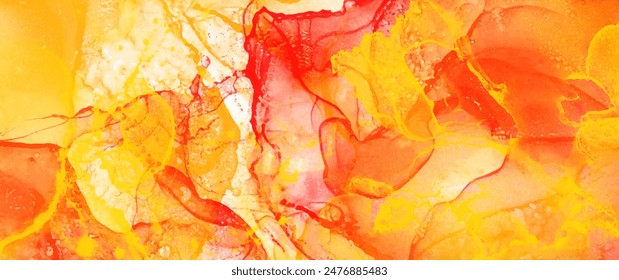Abstract red and orange ink vector art background with splashes for cover design, card, flyer, poster and design interior. Hand drawn illustration. Fluid art. Liquid. Autumn background.