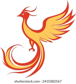 Abstract red and orange phoenix bird in flight, fiery feathers and elegant curves. Mythical creature soaring, symbol of rebirth and renewal vector illustration.