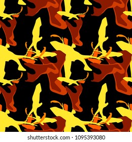 Abstract red, orange, yellow, black background as UFO camouflage. Seamless repeat bright pattern usable as unusual urban camo, wallpaper, backdrop or for print for textile or wrapping paper