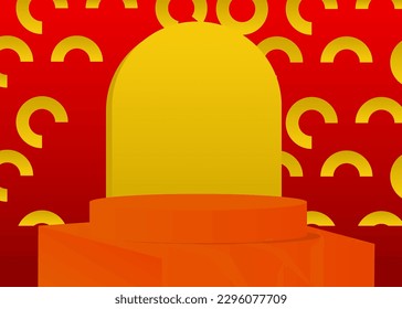 Abstract Red, Orange and Yellow stage showcase. Mockup cylinder pedestal podium. Realistic vector product display for presentation. Futuristic 3D room, Sci-fi minimal geometric empty scene.