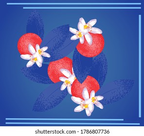 Abstract red oranges and blooming flowers. Gradient background. Vector illustration.