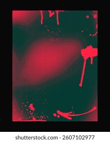 Abstract red paint splatter on halftone textured background with green and black tones, grunge style border design concept. Vector illustration