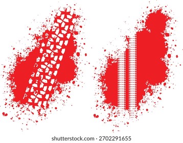 Manchas de tinta vermelha abstrata com faixas de pneus e textura grunge no fundo branco