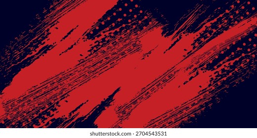 Abstractas rayas de pintura roja sobre un fondo azul marino oscuro con texturas dinámicas de pincel y puntos semitonos dispersos.