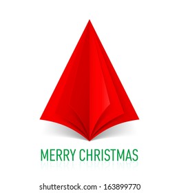 Abstract red paper Christmas tree on white background. Greeting card.