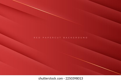 abstract red papercut diagonal stripe with gold line shadow and light background. eps10 vector