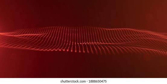 Abstract red particle background. Flow wave with dot landscape. Digital data structure. Future mesh or sound grid. Pattern point visualization. Technology vector illustration.