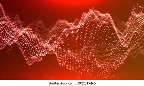 Abstract red particle background. Flow wave with dot landscape. Digital data structure. Future mesh or sound grid. Pattern point visualization. Technology vector illustration.