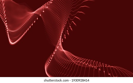 Abstract red particle background. Flow wave with dot landscape. Digital data structure. Future mesh or sound grid. Pattern point visualization. Technology vector illustration.