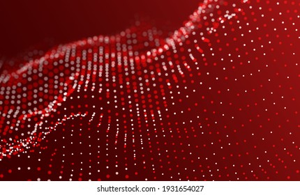 Abstract red particle background. Flow wave with dot landscape. Digital data structure. Future mesh or sound grid. Pattern point visualization. Technology vector illustration.