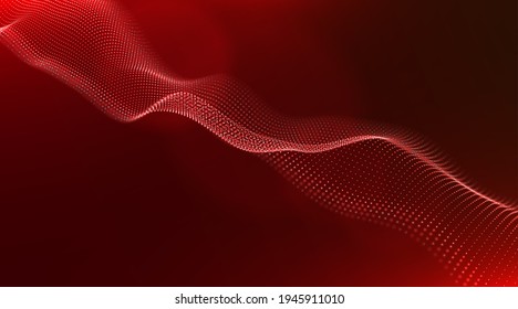 Resumen de fondo de partícula roja. Ola de flujo con paisaje de puntos. Estructura de datos digitales. Malla futura o rejilla de sonido. Visualización de puntos de patrón. Ilustración vectorial de tecnología.