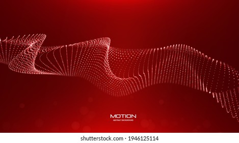Abstract red particle background. Flow wave with dot landscape. Digital data structure. Future mesh or sound grid. Pattern point visualization. Technology vector illustration.