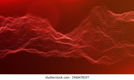 Abstract red particle background. Flow wave with dot landscape. Digital data structure. Future mesh or sound grid. Pattern point visualization. Technology vector illustration.