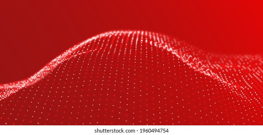 Abstract red particle background. Flow wave with dot landscape. Digital data structure. Future mesh or sound grid. Pattern point visualization. Technology vector illustration.