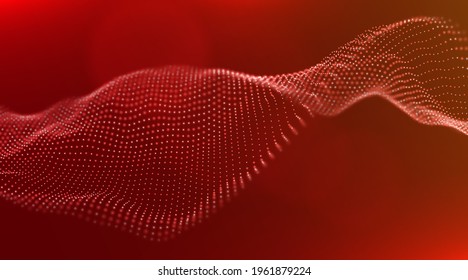 Abstract red particle background. Flow wave with dot landscape. Digital data structure. Future mesh or sound grid. Pattern point visualization. Technology vector illustration.