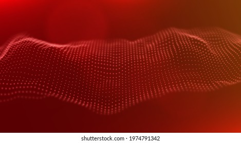 Abstract red particle background. Flow wave with dot landscape. Digital data structure. Future mesh or sound grid. Pattern point visualization. Technology vector illustration.