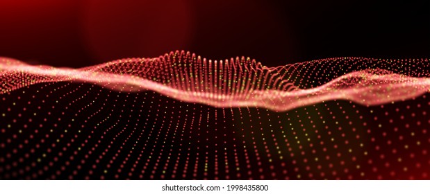 Abstract red particle background. Flow wave with dot landscape. Digital data structure. Future mesh or sound grid. Pattern point visualization. Technology vector illustration.