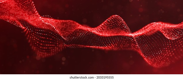 Resumen de fondo de partícula roja. Ola de flujo con paisaje de puntos. Estructura de datos digitales. Malla futura o rejilla de sonido. Visualización de puntos de patrón. Ilustración vectorial de tecnología.