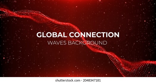 Abstract red particle background. Flow wave with dot landscape. Digital data structure. Future mesh or sound grid. Pattern point visualization. Technology vector illustration.